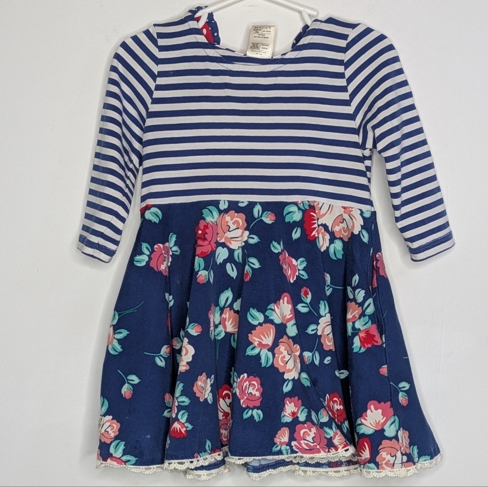 ✨3/$15 Wild Flowers Blue White Striped Floral Long Sleeve Hoodie Dress 4